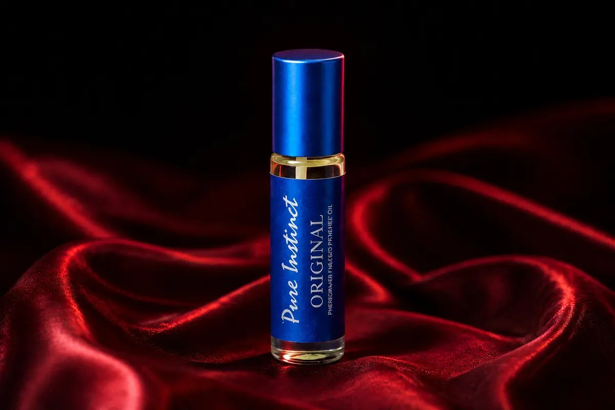 Pure Instinct Original pheromone roll-on bottle displayed on red silk