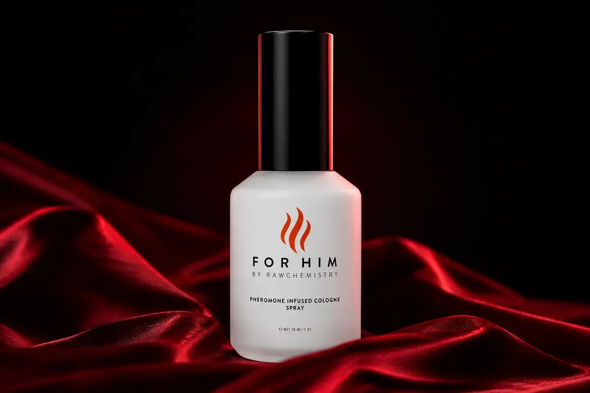 RawChemistry For Him pheromone cologne bottle displayed on red silk