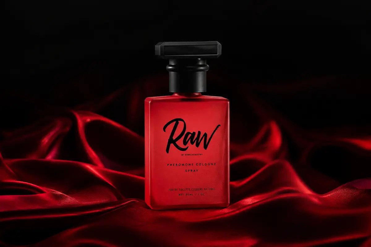 Raw by RawChemistry pheromone cologne bottle displayed on red silk