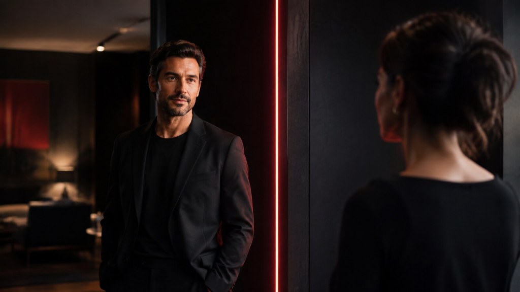 Calm man and woman separated by a red-lit threshold during a respectful conversation