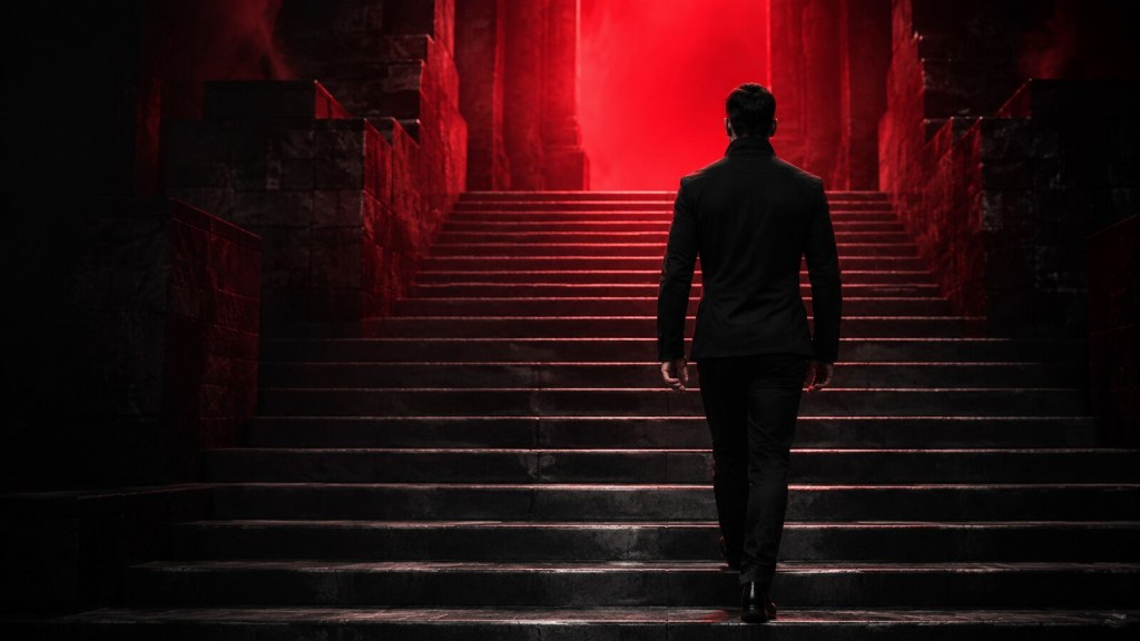 Man climbing dark stone steps toward a red light, representing disciplined self-improvement