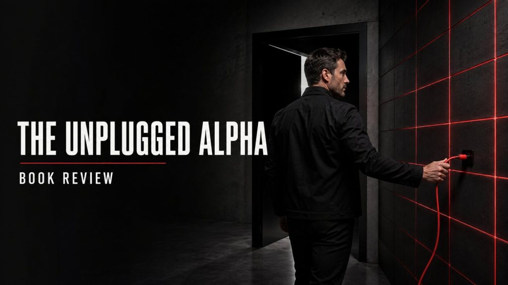 Man unplugging a red cable beside The Unplugged Alpha book review title