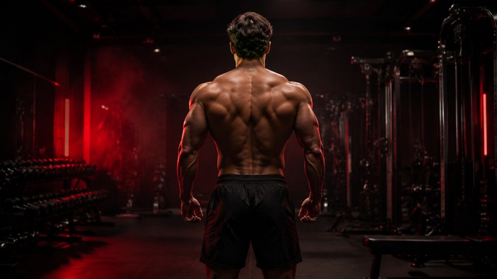 Athletic man showing a V-taper physique in a dark gym with red lighting