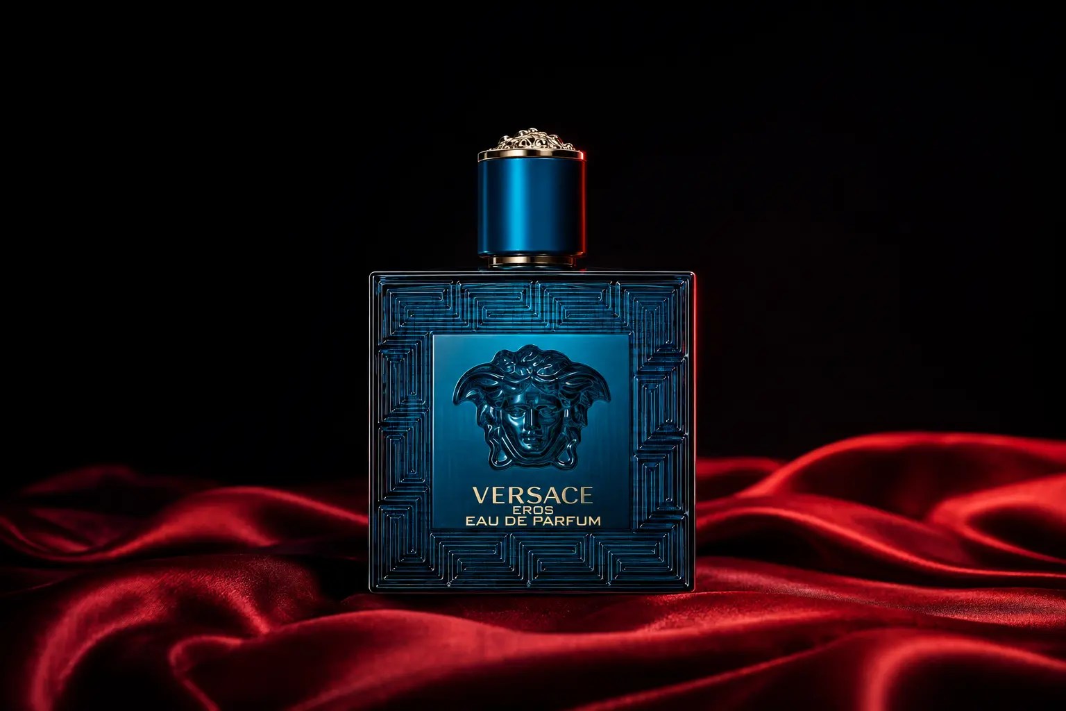 Editorial image of Versace Eros Eau de Parfum on red silk