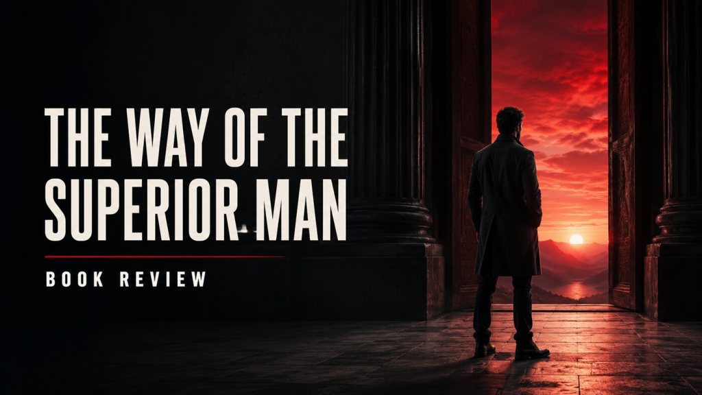 Man facing a red sunrise beside The Way of the Superior Man book review title