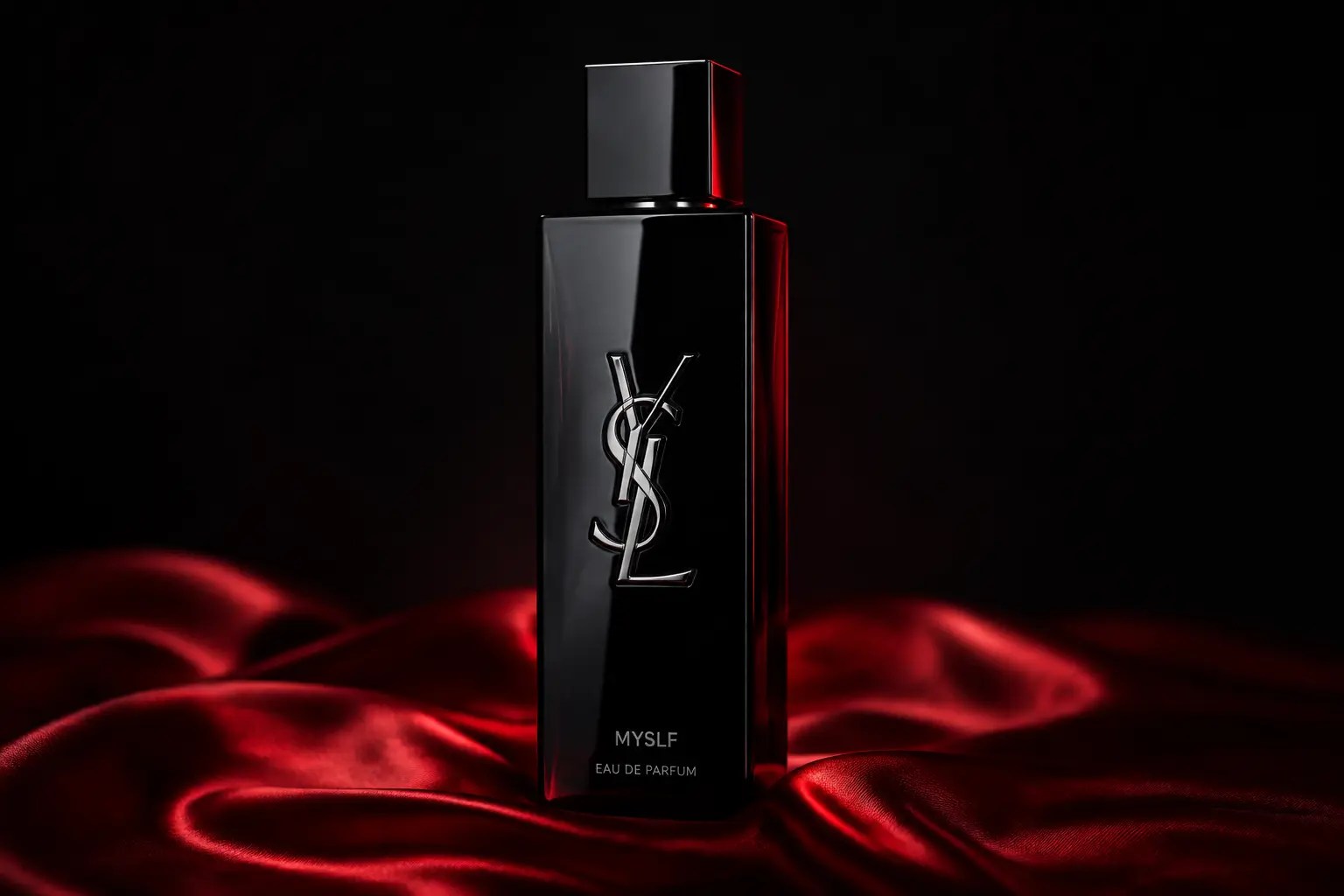 Editorial image of YSL MYSLF Eau de Parfum on red silk