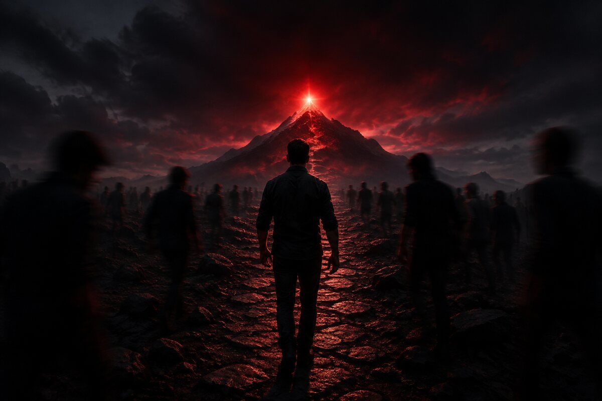 a focused adult man walking toward a distant red-lit summit while distractions fade into black shadow
