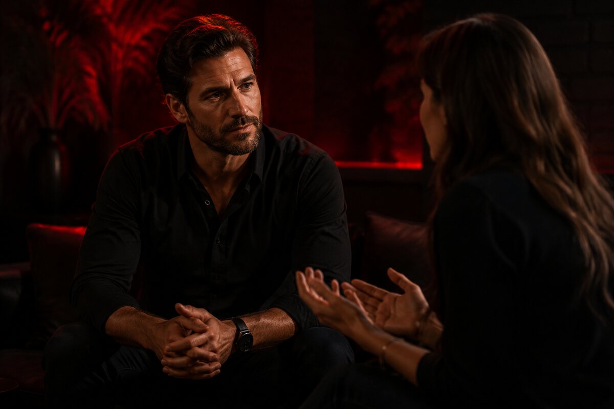 a composed man listening fully to his partner during an emotional conversation without trying to dominate