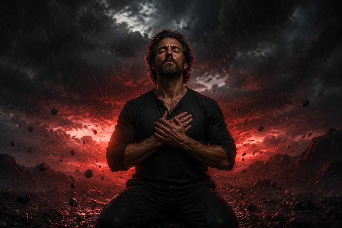 a strong man remaining warm and grounded in a storm of pressure, visual symbolism of courage and emotional openness