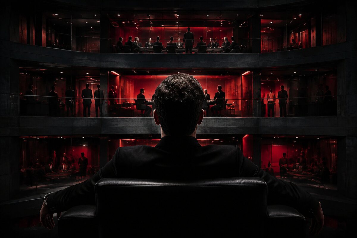 a strategic man observing a dark multi-level boardroom hierarchy from a calm position