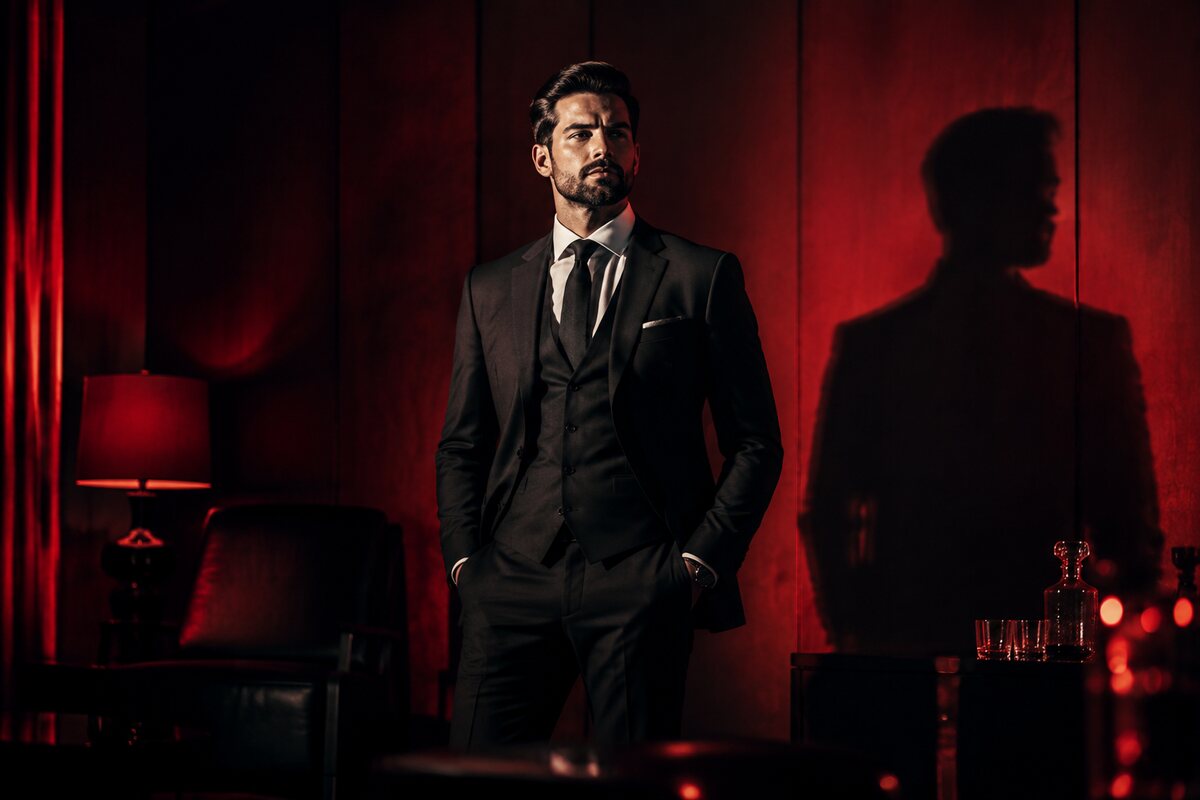 a sharply dressed man casting a strong respected shadow across a red-lit professional room