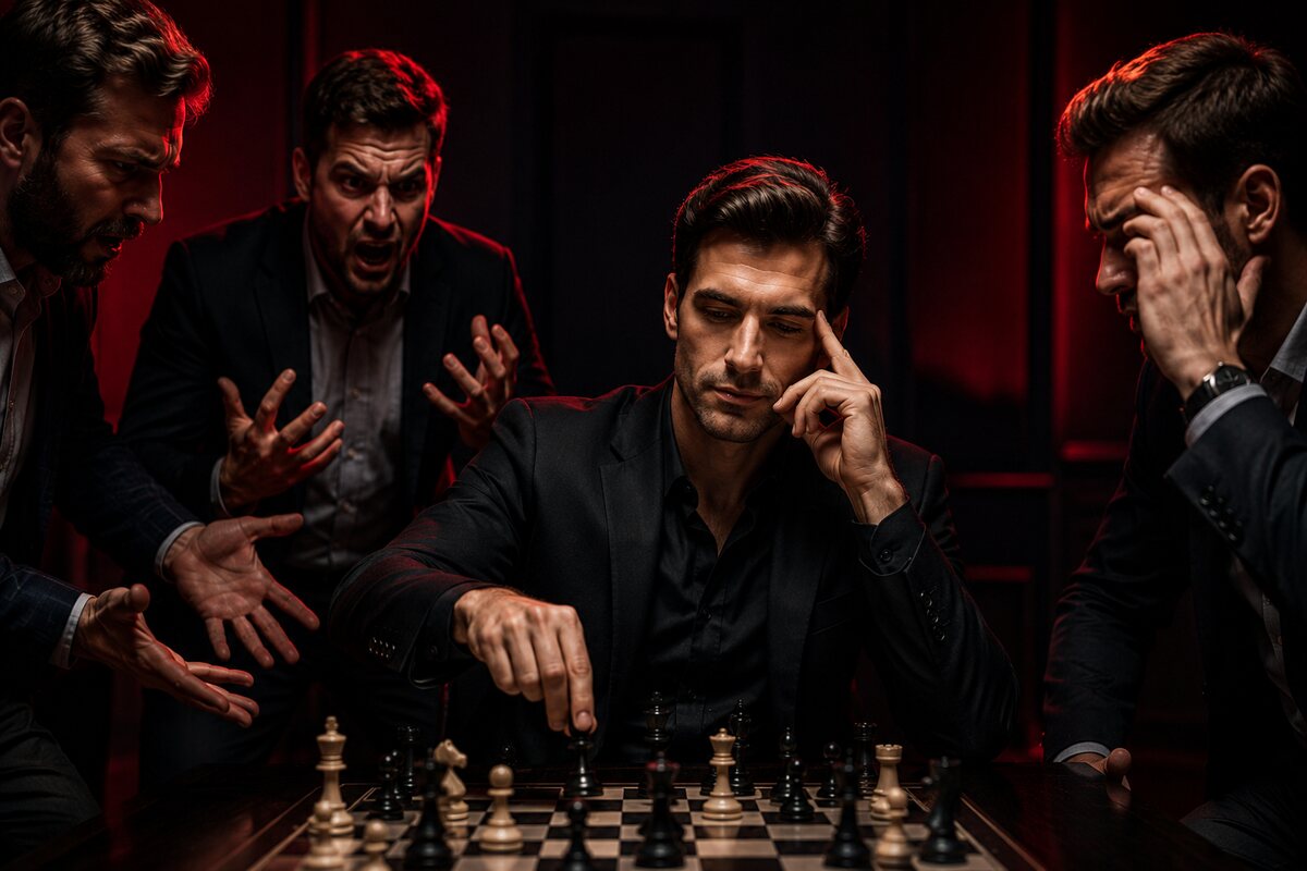 a composed man at a chessboard while tense opponents react around him, representing emotional restraint and strategy