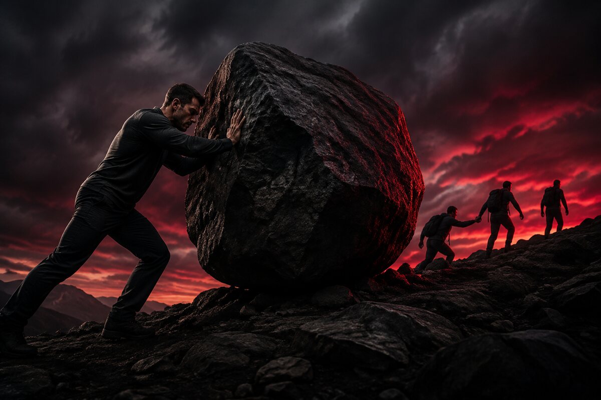 a capable athletic man moving a heavy obstacle to help a small team advance