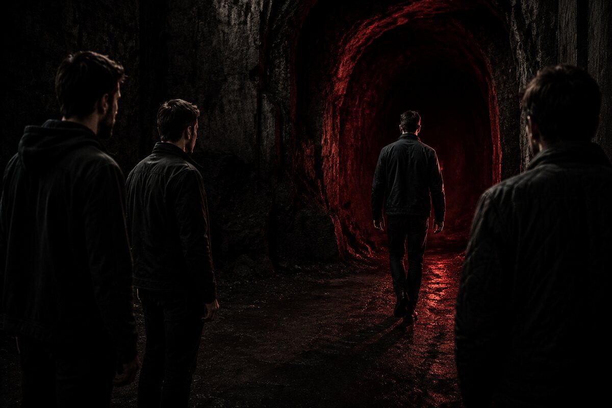 a man stepping forward into a difficult dark passage while others hesitate