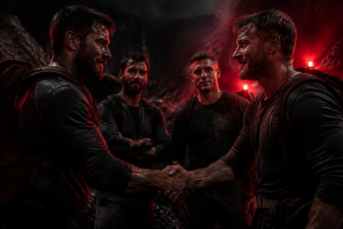 a group of adult men completing difficult work together and sealing trust with a firm handshake