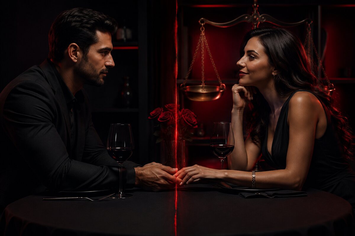 an elegant romantic table split visually between genuine connection and hidden transactional scales