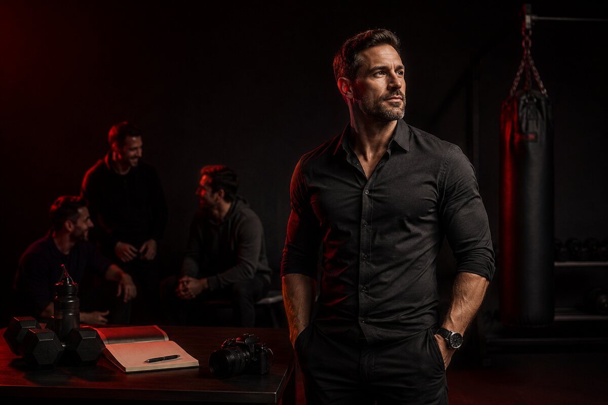 a man standing confidently beside symbols of health purpose friendship and skill rather than money alone