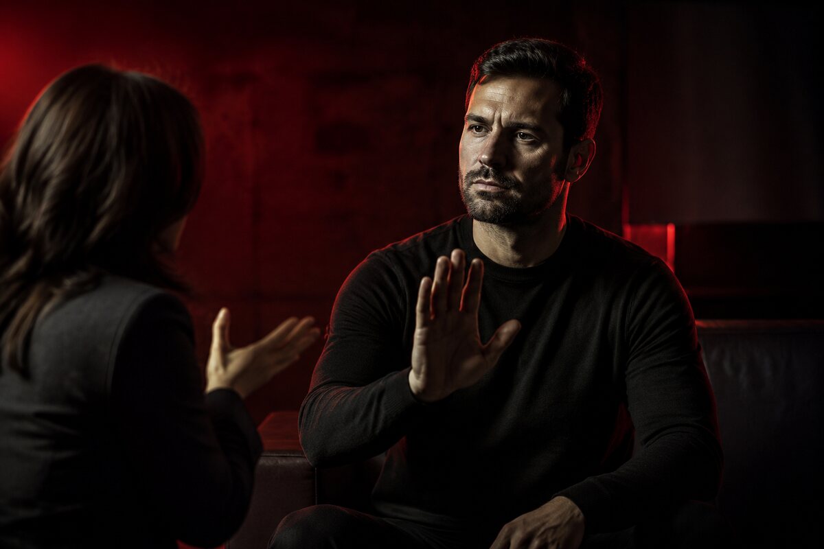 a calm man holding a clear boundary during an emotionally charged adult conversation