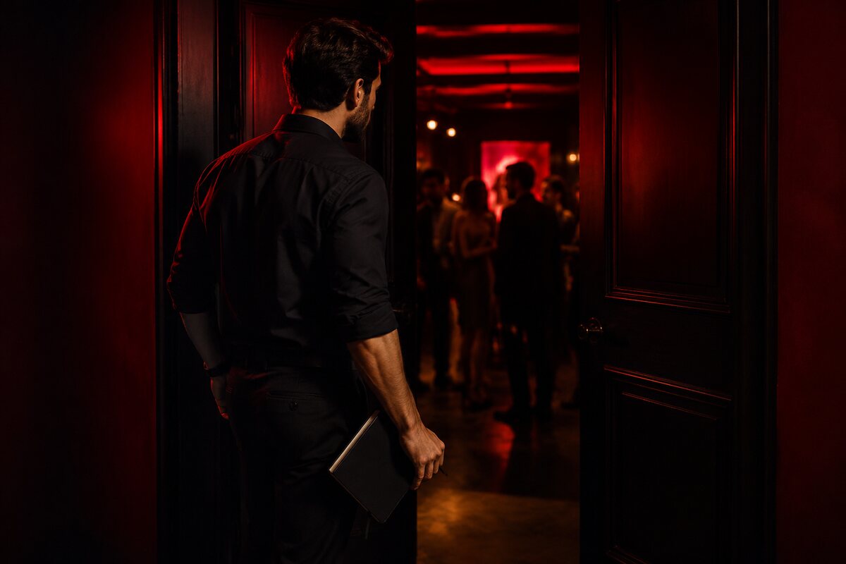 a man closing a daydream journal and stepping through a doorway into real social life