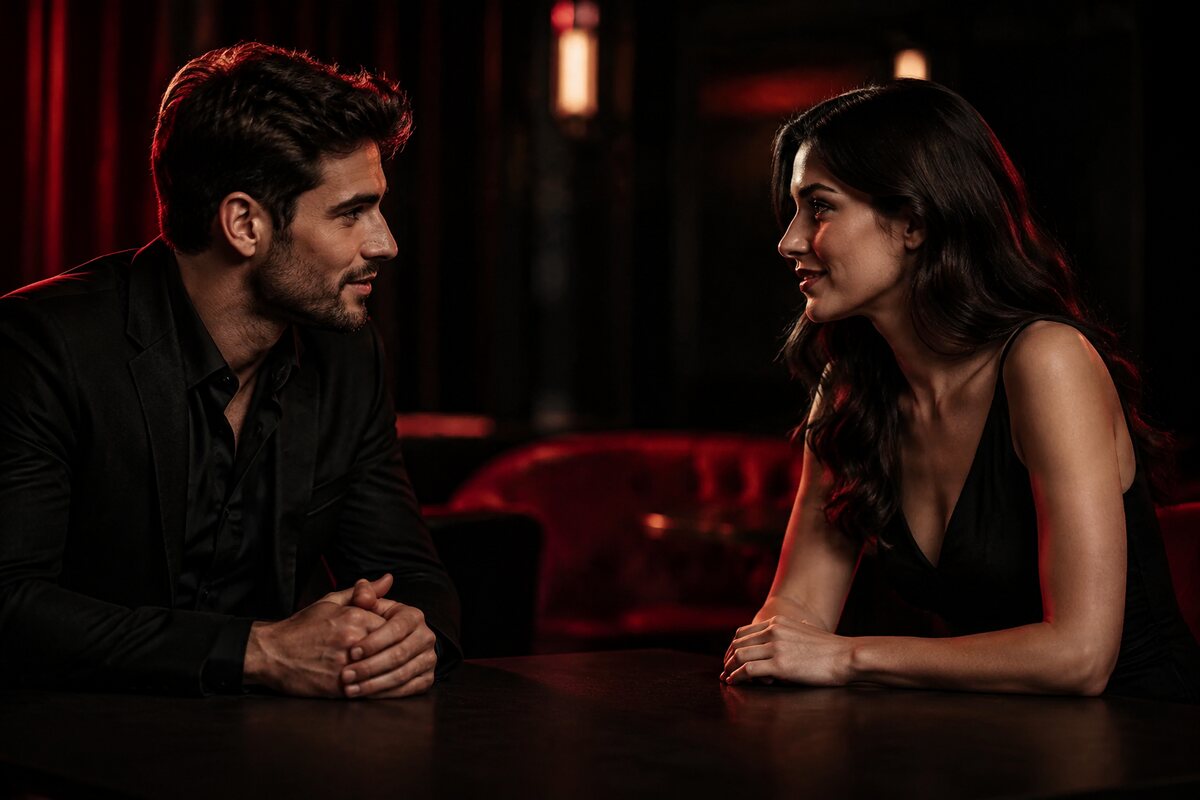 a man and woman showing clear mutual interest across a table with no gifts or persuasion