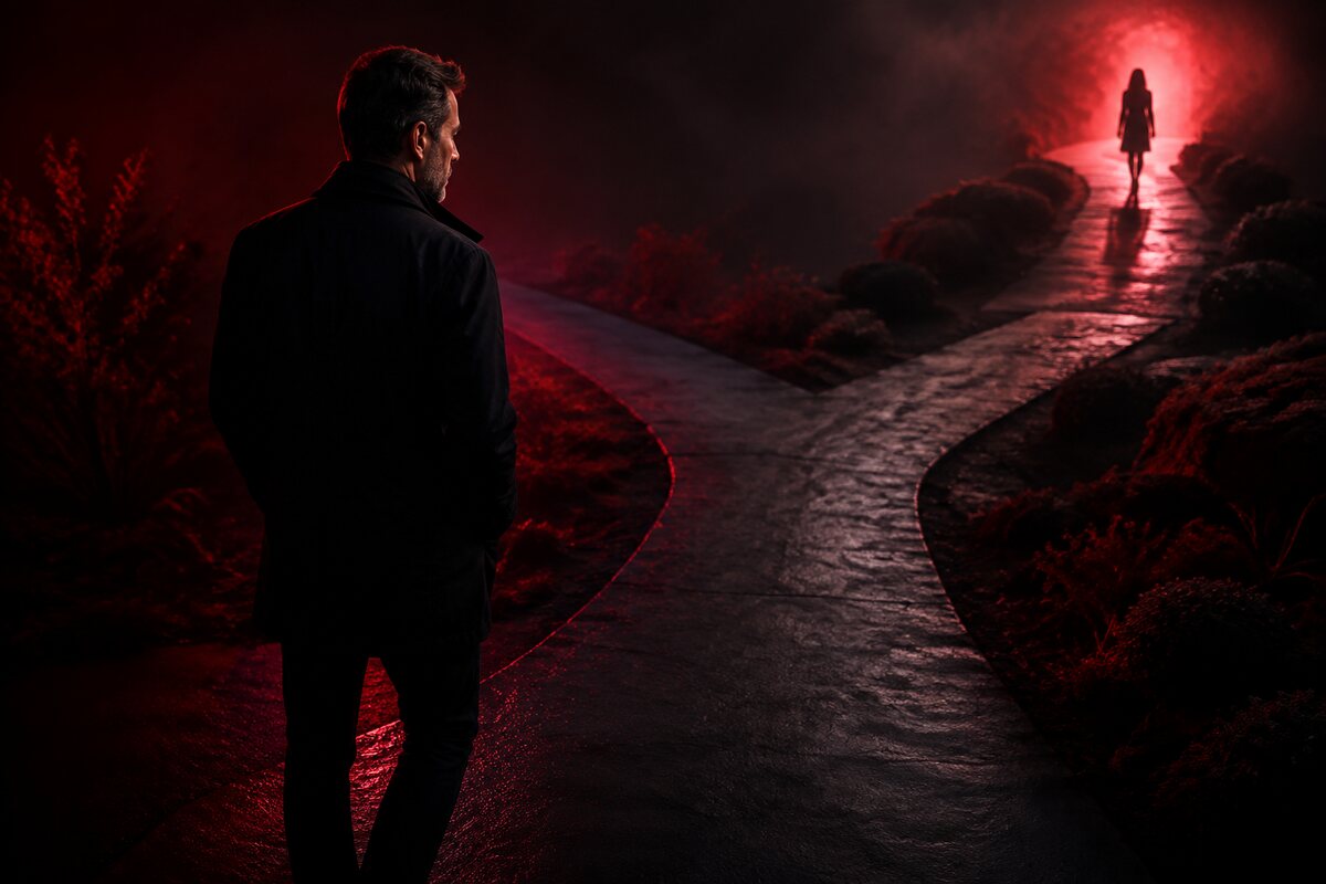 a composed man evaluating compatible paths and behavior while refusing to chase a distant silhouette