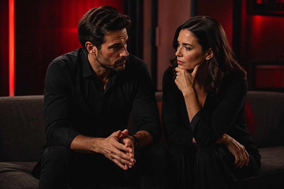 an adult couple navigating a difficult decision with the man calm accountable and respectful