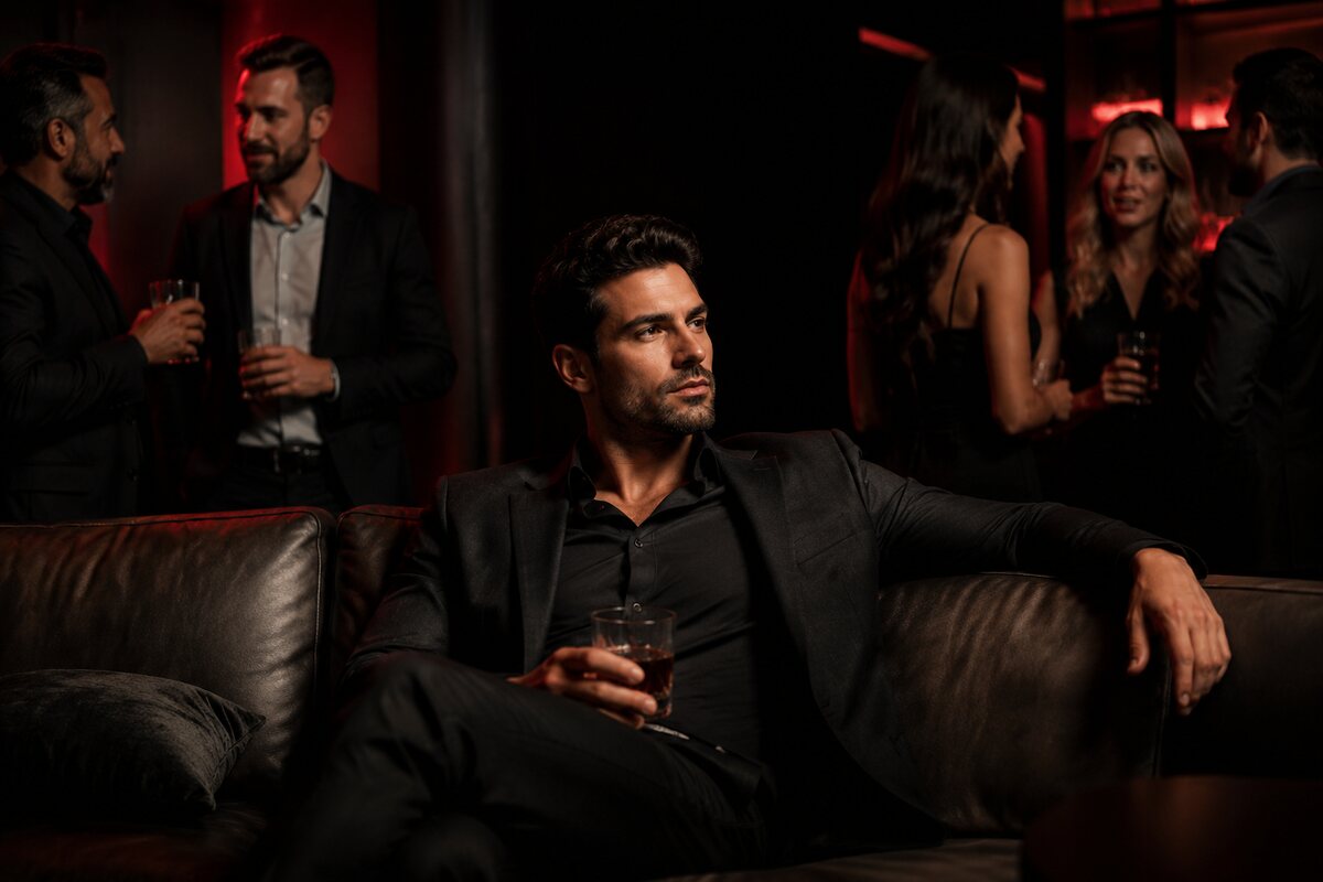 a confident man enjoying a full social life without seeking attention from everyone around him