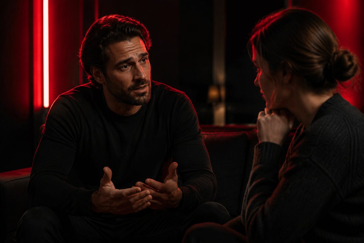 an adult man speaking honestly with a woman in a quiet setting, both engaged and emotionally present