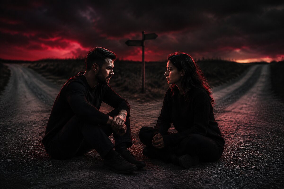 an adult couple calmly discussing values and future plans before a symbolic crossroads