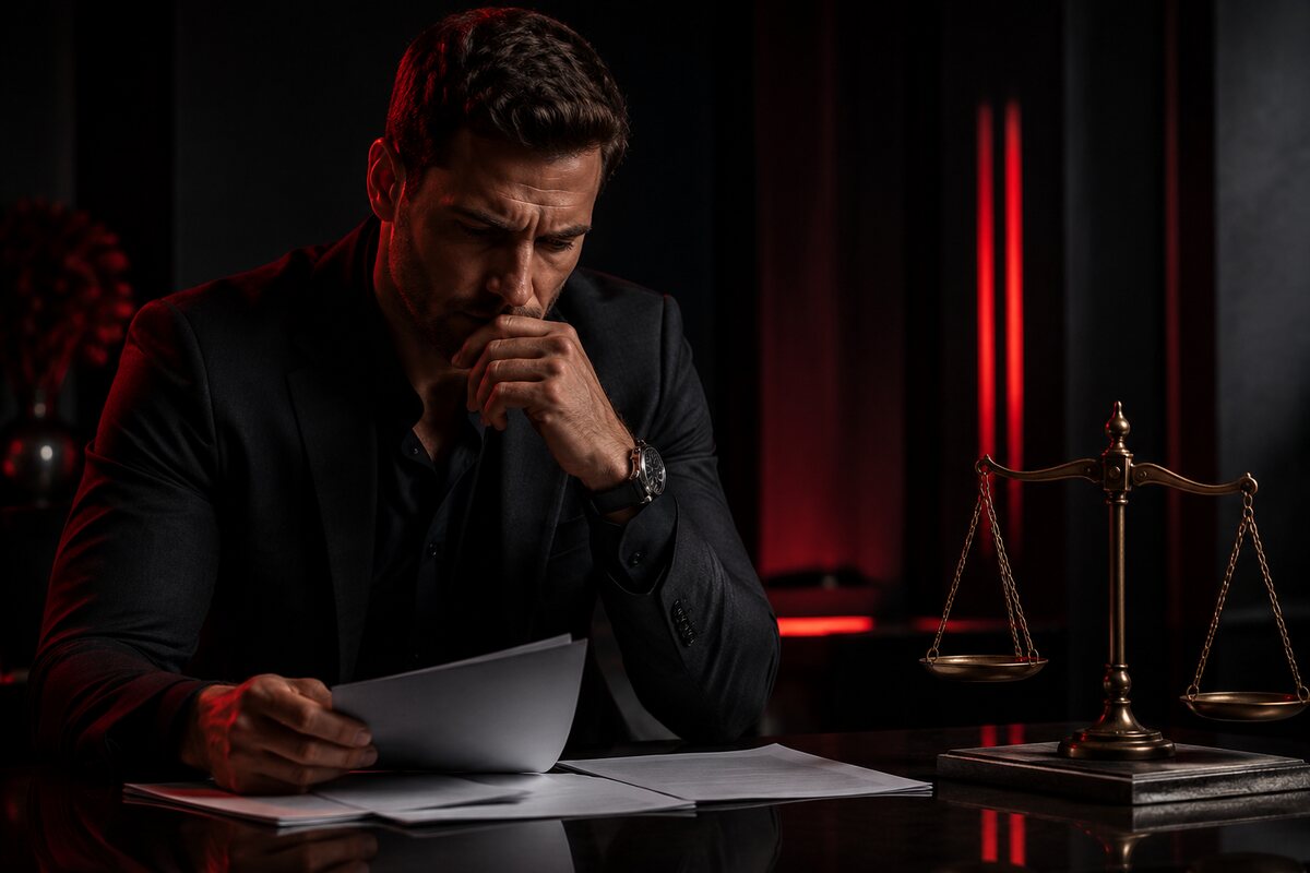 a thoughtful man reviewing a major commitment with documents and balanced scales, no readable text
