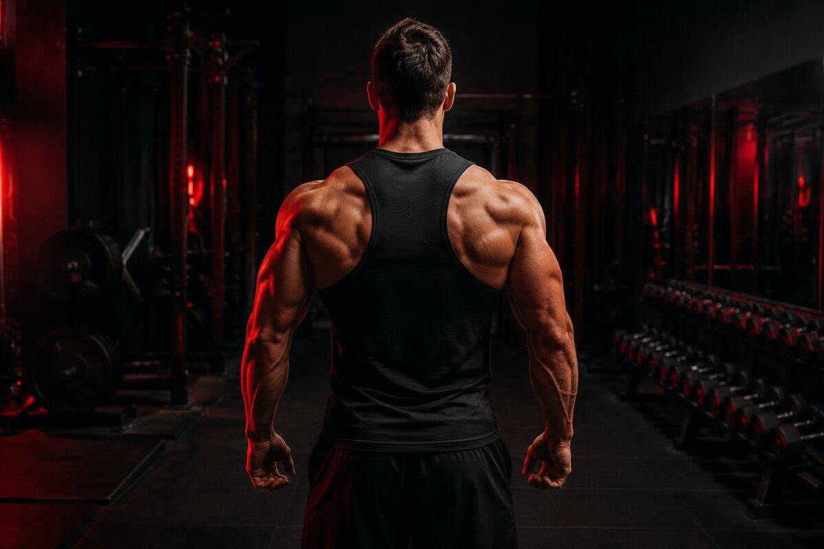 athletic adult man from behind showing realistic broad shoulders lats and controlled waist in a dark gym