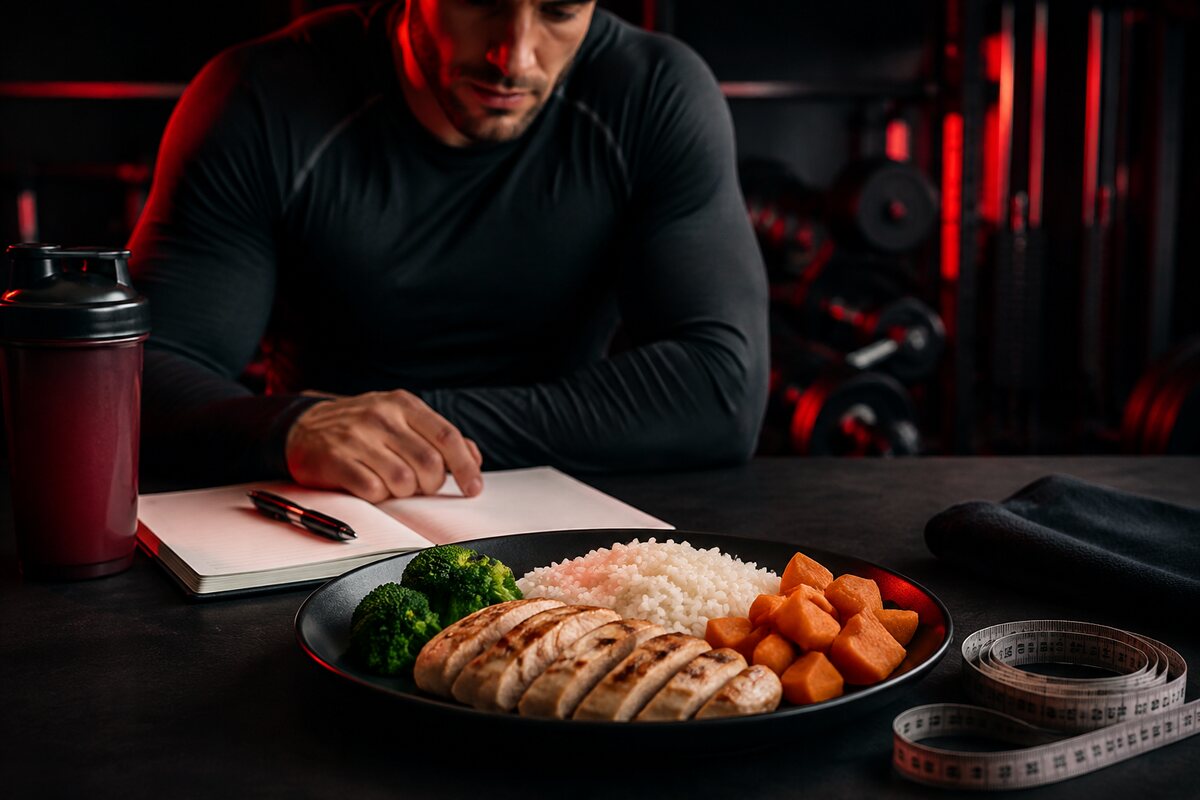 a balanced high-protein meal beside a training log and measuring tape, supporting muscle with controlled body fat