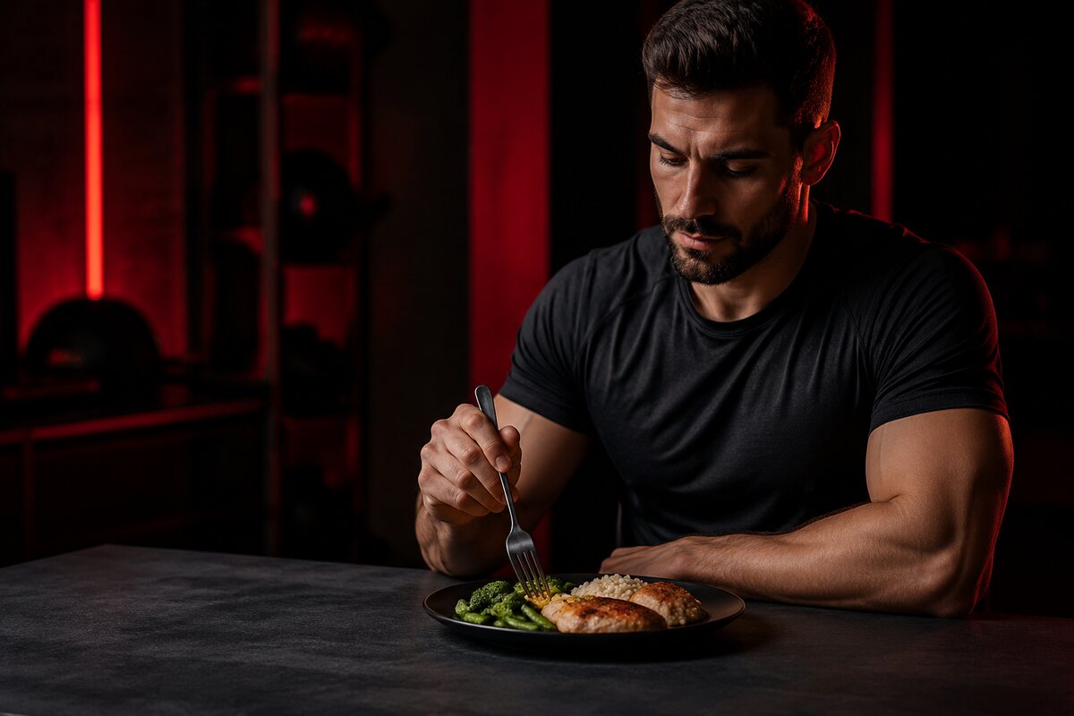 a realistic balanced meal with slightly reduced portions beside a calm athletic man, no crash dieting symbolism