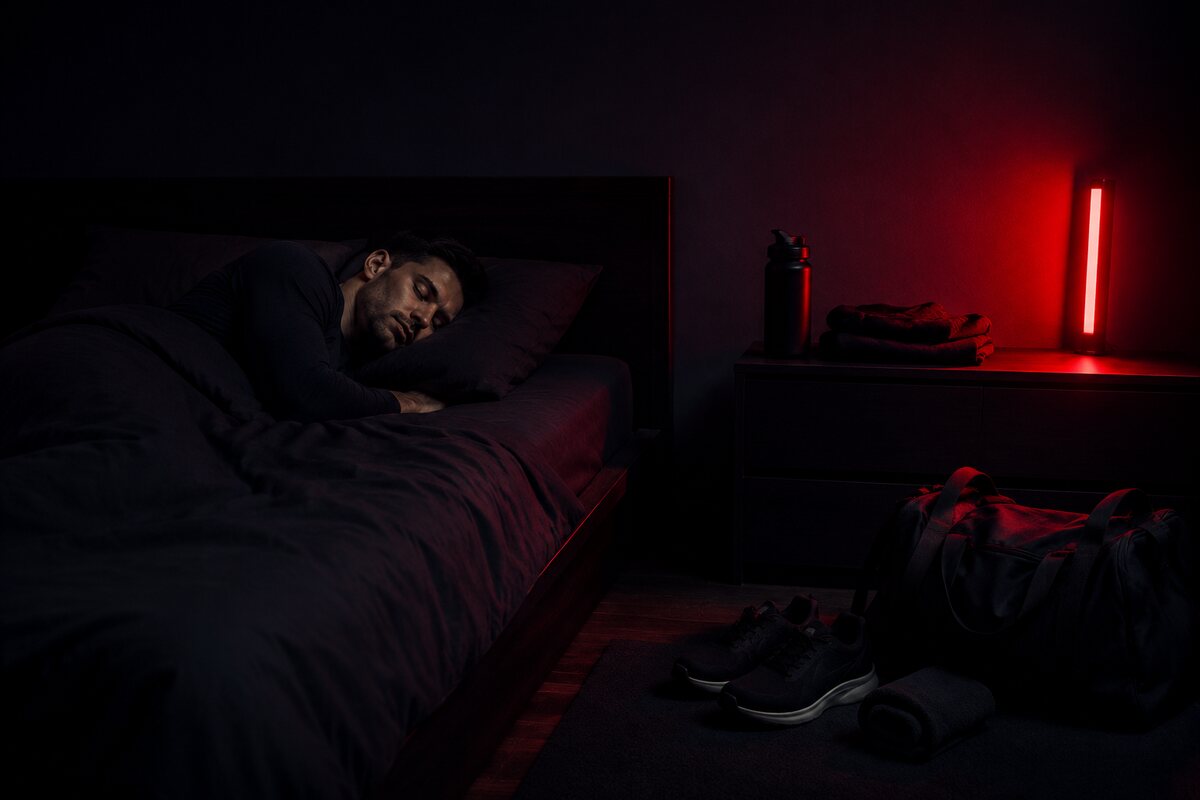 a fit man sleeping in a dark cool room with training gear prepared for the next day