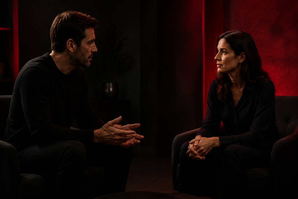 an adult couple having a calm direct conversation with respectful distance and open body language
