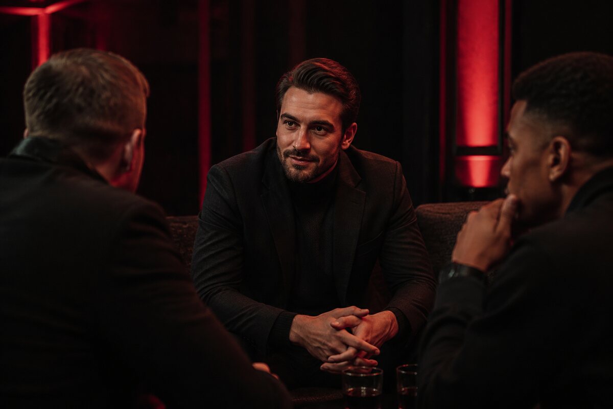 a confident adult man fully present in a small social group, warm eye contact and calm posture