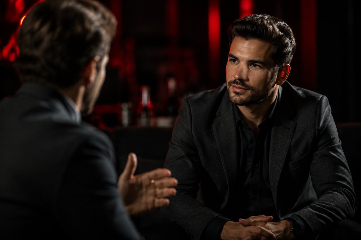 a man listening attentively to another person in conversation without checking his phone