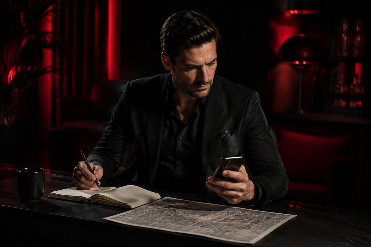 a well-groomed man confidently planning a tasteful first date location and time, no readable phone text