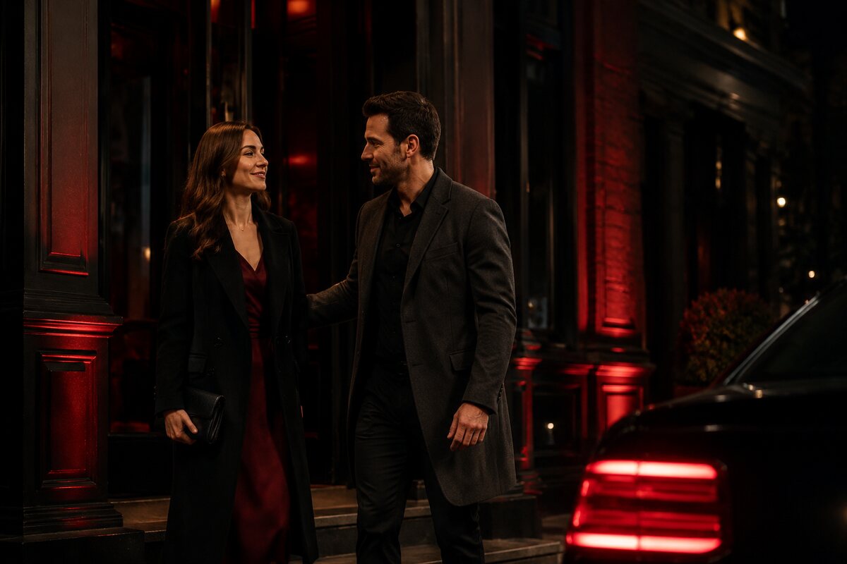 an adult couple ending a good date outside an elegant venue with warm respectful body language