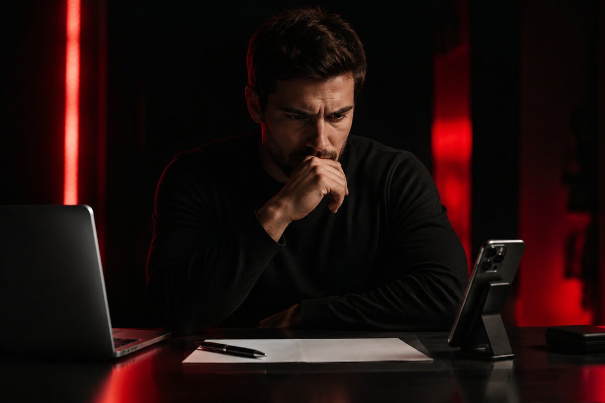 a man at a desk trapped between an important task and glowing digital distractions