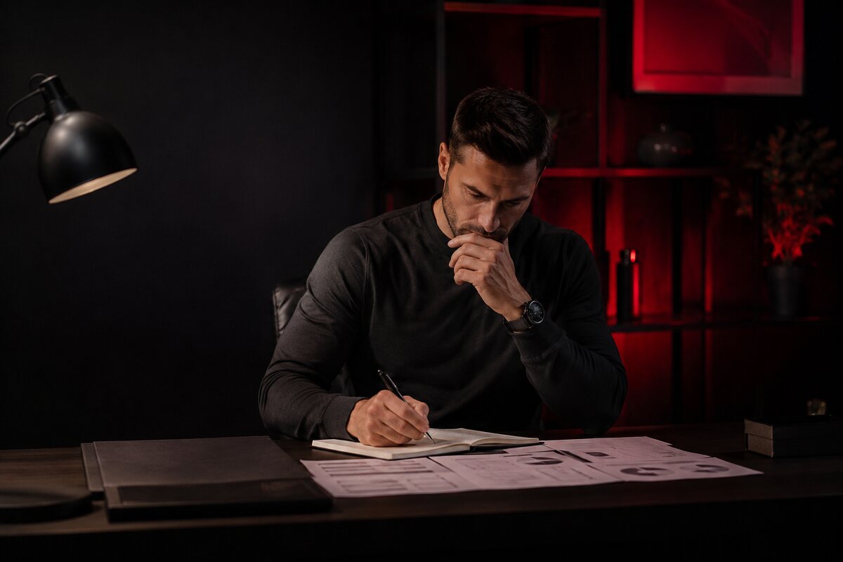 a disciplined man reviewing completed work and planning a repeatable weekly system, no readable text