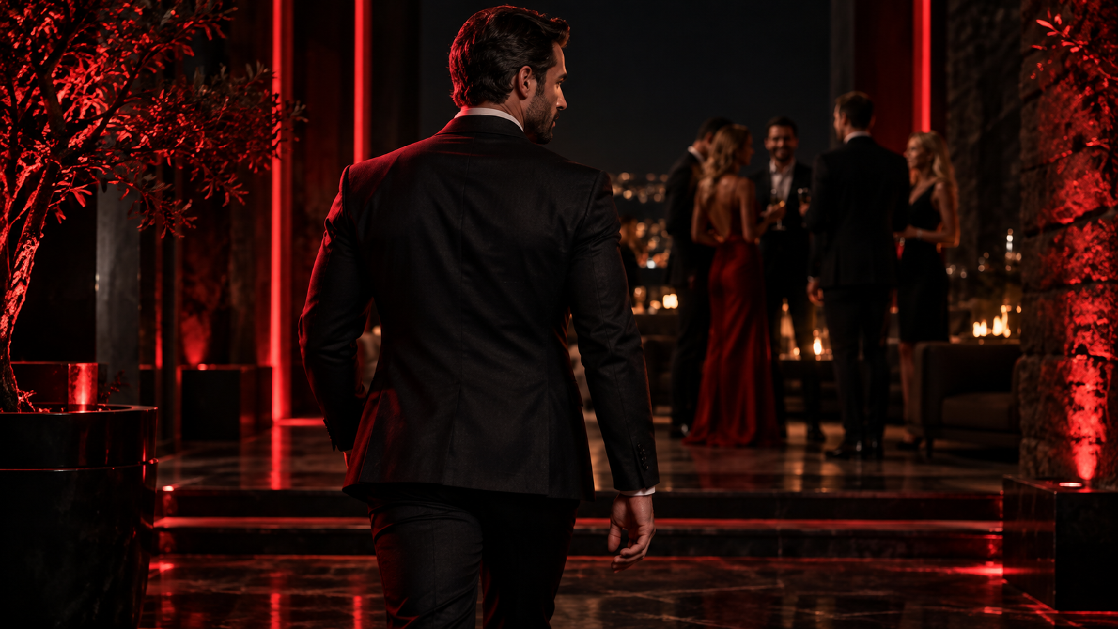 Confident man walking toward a social gathering under dramatic red light