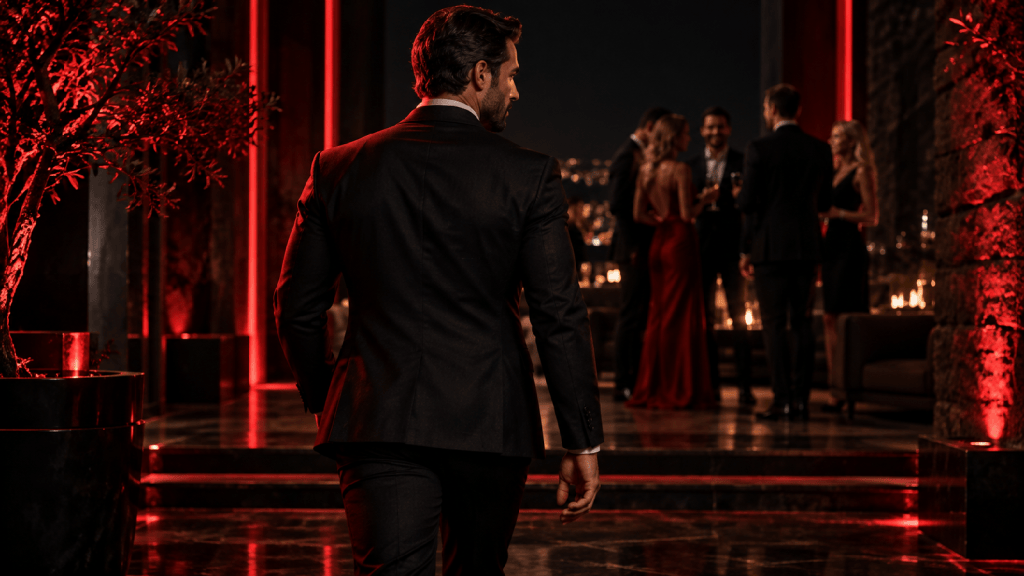 Confident man walking toward a social gathering under dramatic red light