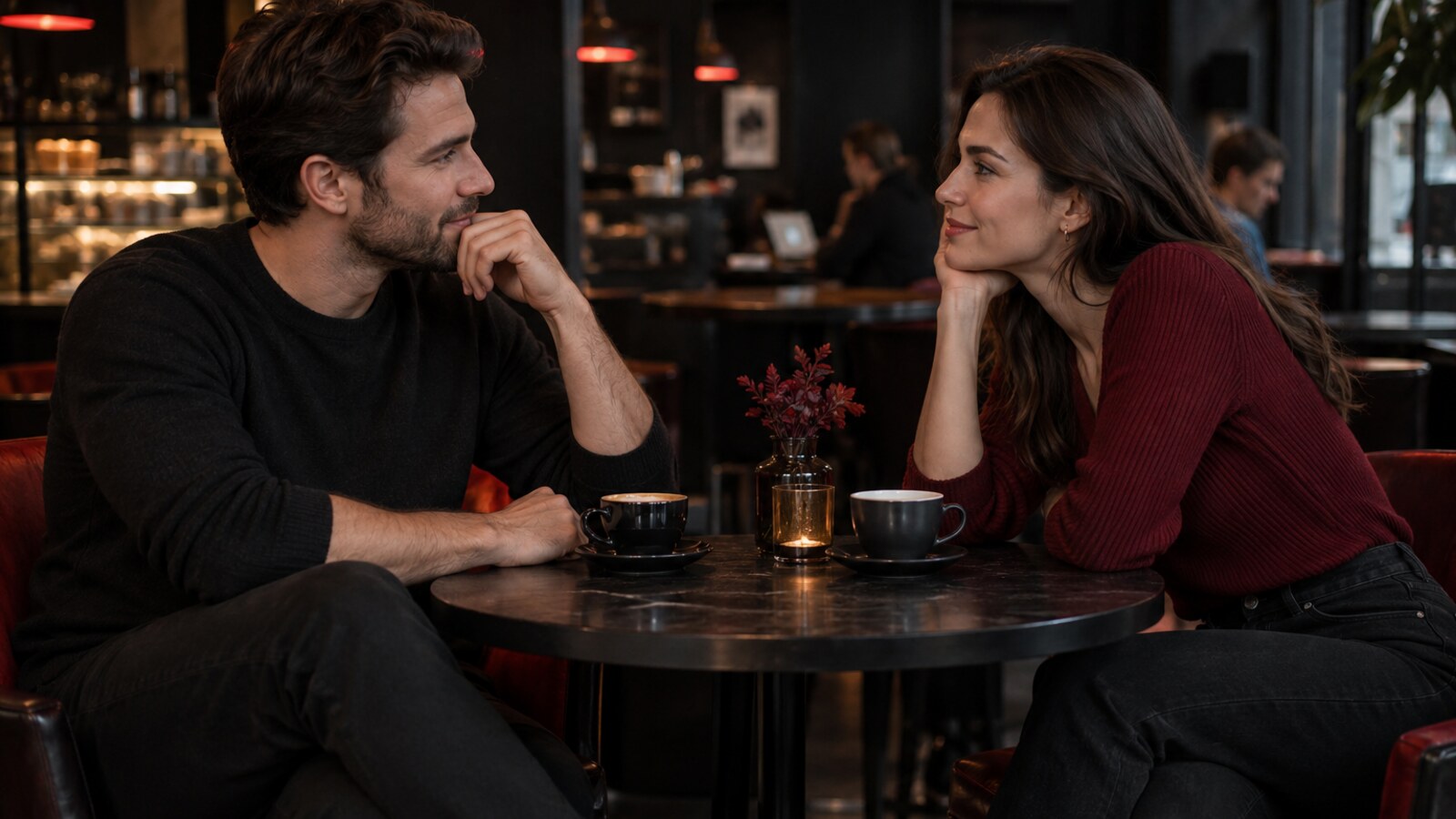 Adult woman leaning in and mirroring a man's relaxed posture during conversation
