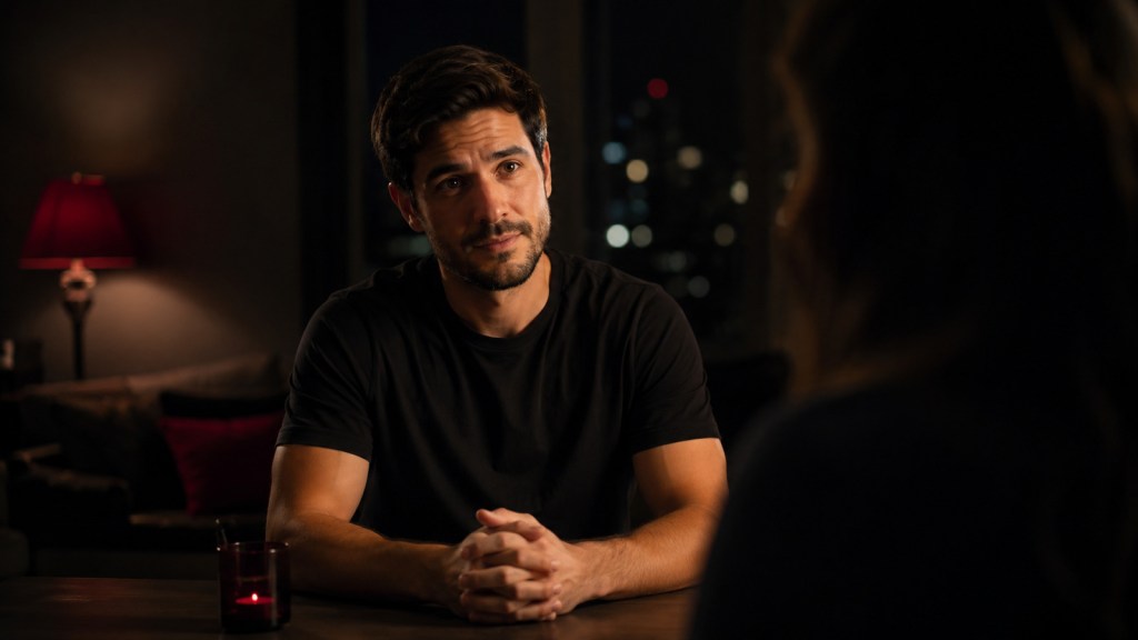 Thoughtful man staying present during a serious relationship conversation in a dramatic black-and-red room