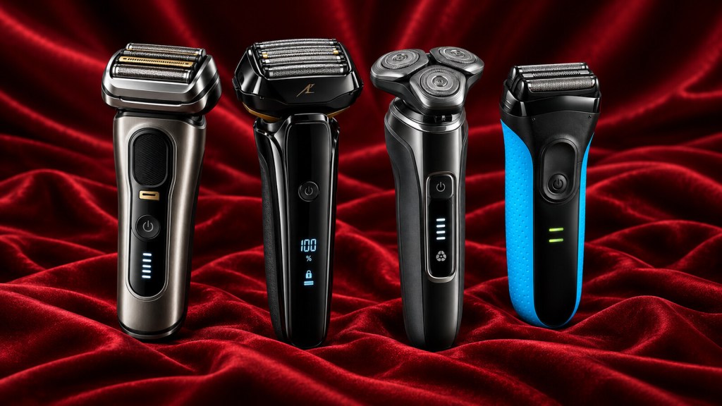 Four premium electric shavers for men arranged on deep red silk in a black and red editorial composition