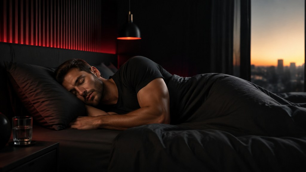 Man sleeping on his side in a dark black-and-red bedroom