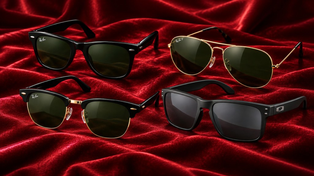 Four classic men's sunglasses arranged on deep red silk, including Wayfarer, Aviator, Clubmaster and Holbrook frame styles
