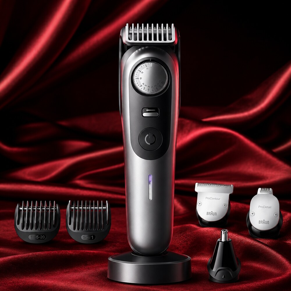 Braun All-in-One Series 9 PRO AIO9570 trimmer and attachments displayed on deep red silk