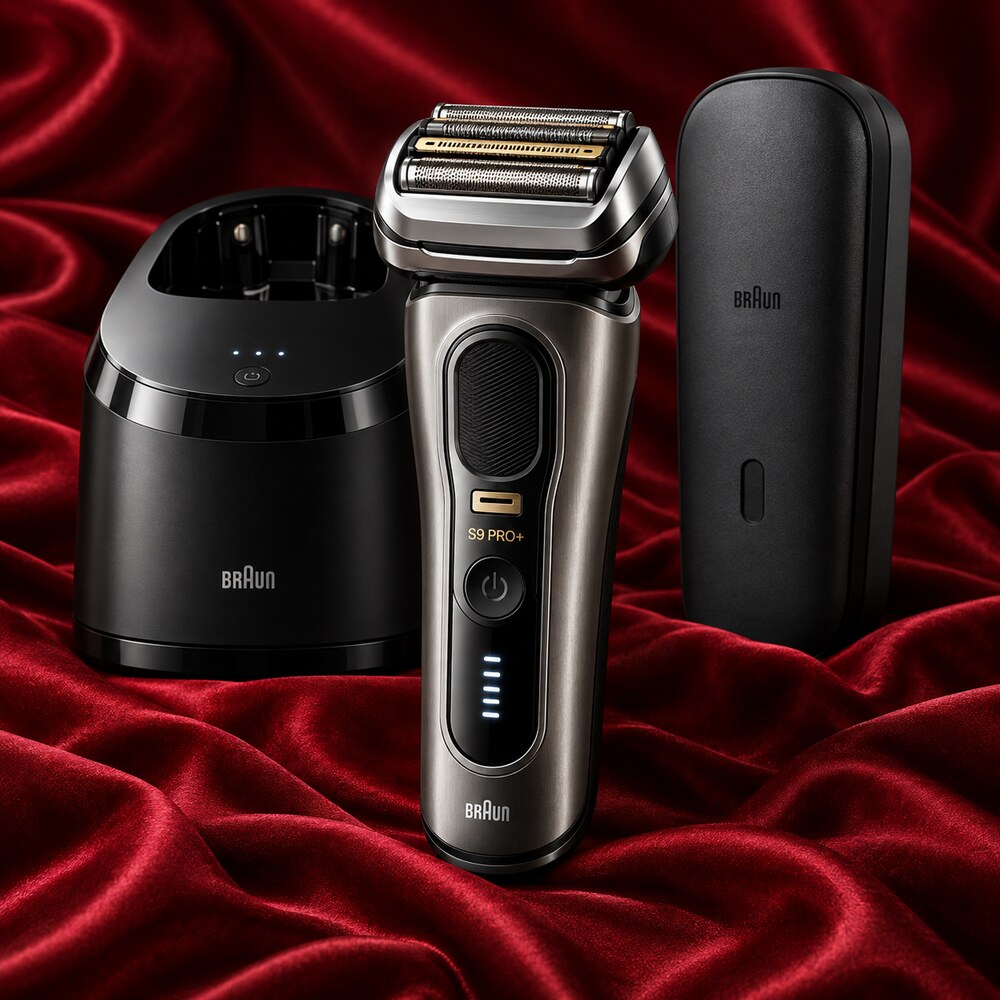 Braun Series 9 PRO Plus 9599cc electric shaver with PowerCase and SmartCare Center displayed on red silk